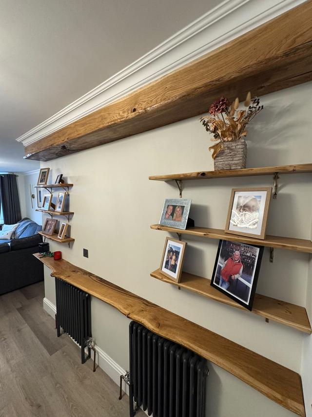 Live-edge oak shelves and beam